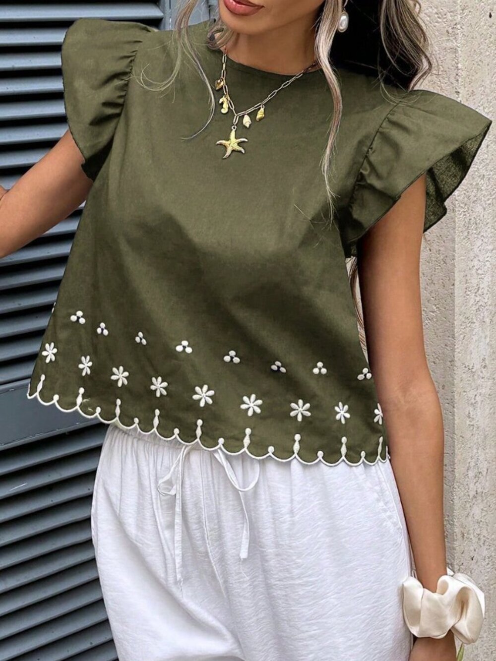 Army Green Casual Women's Vacation Embroidered Cap Sleeve Blouse
